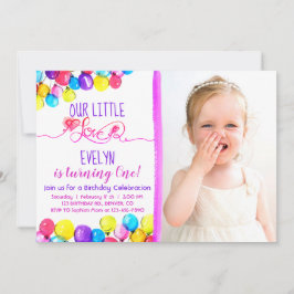 パープルピンクBALLOON girl 1st Birthday招待状 招待状