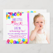 パープルピンクBALLOON girl 1st Birthday招待状 招待状 (正面/裏面)