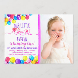 パープルピンクBALLOON girl 1st Birthday招待状 招待状