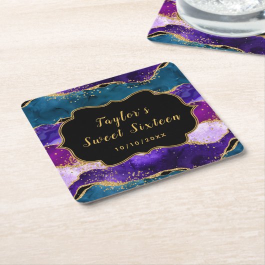 パープルピーコックアゲートSweet sixteen スクエアペーパーコースター (アングル)