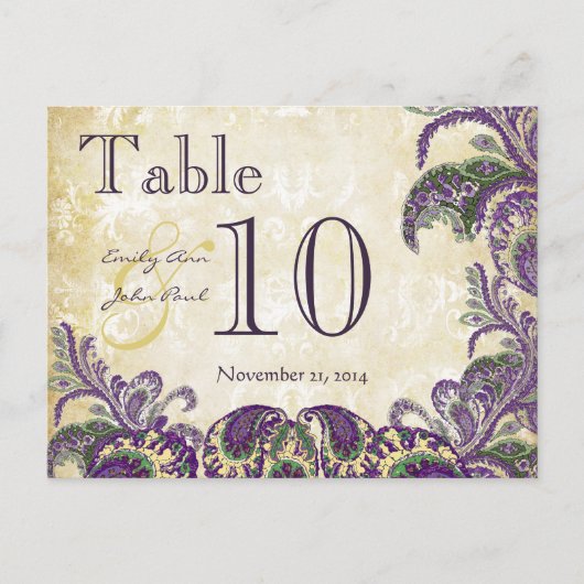 パープルピーコックカラー結婚ペイズリーのテーブル番号 ポストカード (正面)