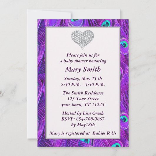 パープルピーコックダイヤモンドハートベビーシャワー招待状 招待状 (裏面)