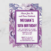 パープルピーコックフェザーズバースデーパーティ招待状 招待状 (正面/裏面)