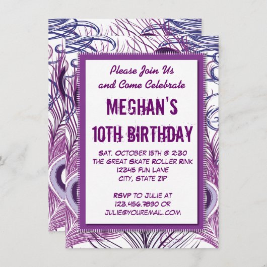 パープルピーコックフェザーズバースデーパーティ招待状 招待状 (正面/裏面)