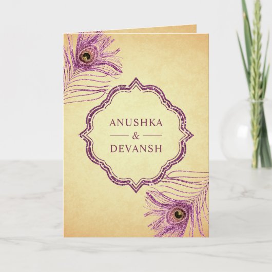 パープルピーコックフェザーQRコードインディアン結婚ズ 招待状 (正面)