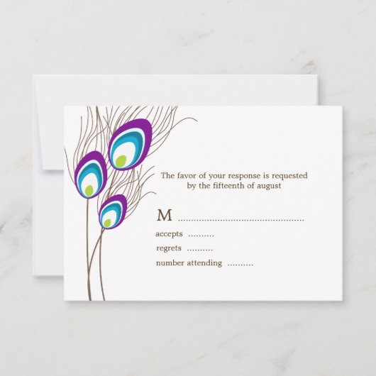 パープルピーコックフェザーRSVPカード 出欠カード (正面)