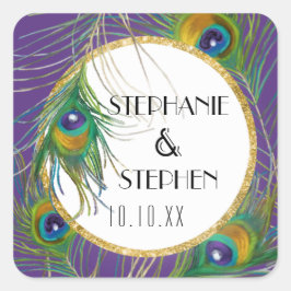 パープルピーコックフェザーw金ゴールドフェイクグリッターシール スクエアシール