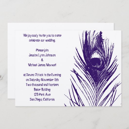 パープルピーコックフ結婚ェザーズ 招待状 (正面/裏面)
