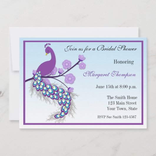パープルピーコックブライダルシャワー招待 招待状 (正面)