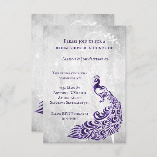パープルピーコックリーフつる植物ブライダルシャワー招待状 招待状 (正面/裏面)