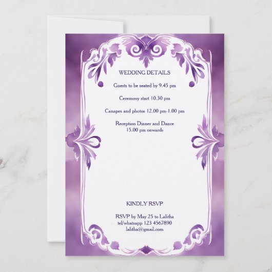 パープルピーコックヴィンテージガーデン結婚インディアン 招待状 (裏面)