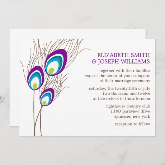 パープルピーコック結婚の羽 招待状 (正面/裏面)
