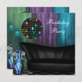 パープルピーコック鏡ボールディスコ誕生日パーティー 招待状 (正面/裏面)