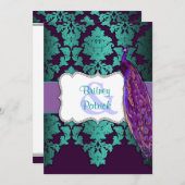 パープルピーコック&ティール(緑がかった色)ダマスクウェディング招待状 招待状 (正面/裏面)