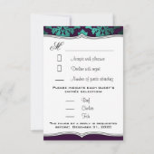 パープルピーコック&ティール（緑がかった色）ダマスクウェディングRSVPカード 出欠カード (裏面)