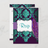 パープルピーコック&ティール（緑がかった色）ダマスクウェディングRSVPカード 出欠カード (正面/裏面)