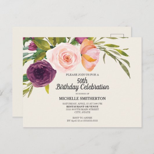 パープルピーチウォーターカラーフローラアイボリー50th誕生日 ポストカード (正面/裏面)