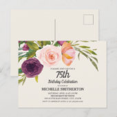 パープルピーチウォーターカラーフローラアイボリー75th誕生日 ポストカード (正面/裏面)
