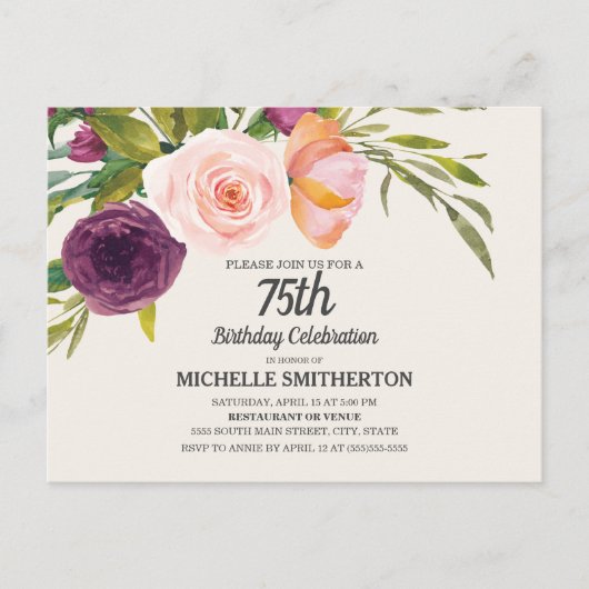 パープルピーチウォーターカラーフローラアイボリー75th誕生日 ポストカード (正面)