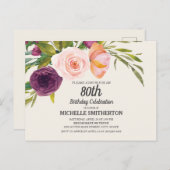 パープルピーチウォーターカラーフローラアイボリー80th誕生日 ポストカード (正面/裏面)