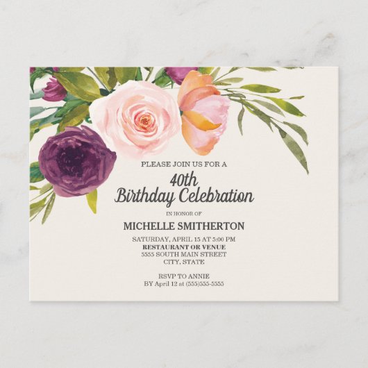 パープルピーチウォーターフローラアイボリー40th誕生日 ポストカード (正面)