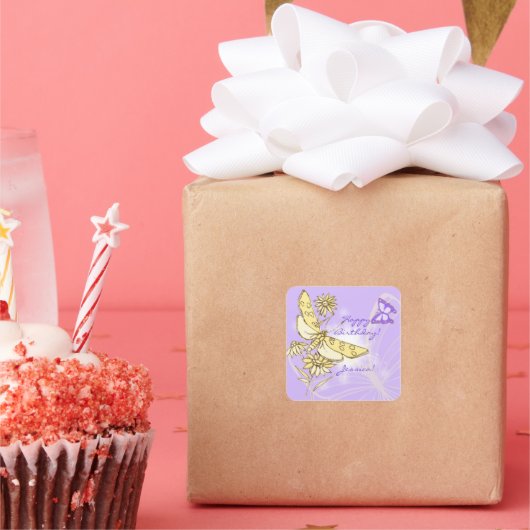 パープルピーチバタフライステッカー スクエアシール (パーティー)