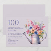 パープルピーチフラワーのじょうろ 100歳の誕生日 招待状 (正面/裏面)