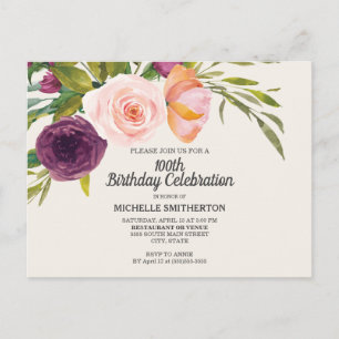 パープルピーチフローラアイボリー100誕生日 ポストカード