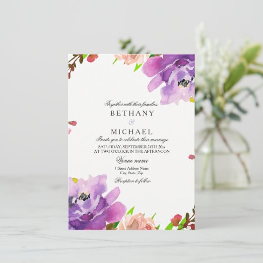 パープルピーチフローラウォーターカラー結婚式招待状 招待状 (スタンド正面)