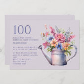 パープルピーチフローラ散水缶100誕生日 招待状 (正面/裏面)