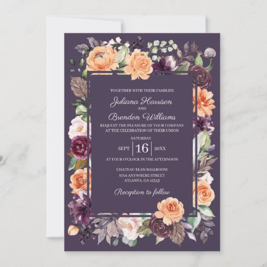 パープルピーチフローラ秋の結婚式招待状 招待状 (正面)
