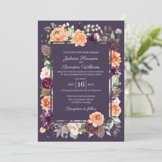 パープルピーチフローラ秋の結婚式招待状 招待状 (スタンド正面)