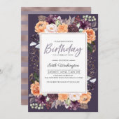 パープルピーチフローラ秋誕生日招待状 招待状 (正面/裏面)