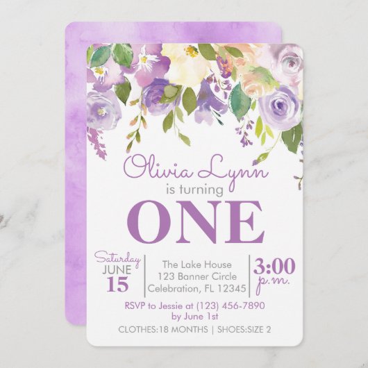 パープルピーニーズガールファースト誕生日招待状 招待状 (正面/裏面)