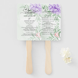 パープルピーニーバラ緑葉色の結婚式 プログラム ハンドファン