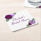 パープルピーニーフローラブライダルシャワー スクエアペーパーコースター (アングル)