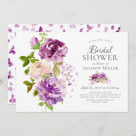 パープルピーニーフローラブライダルシャワー 招待状 (正面/裏面)