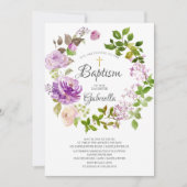 パープルピーニーフローラリースバプテスマ招待状 招待状 (正面)