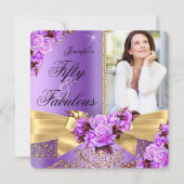パープルファブラス50フォト金ゴールドバラボウ誕生日 招待状 (正面)