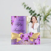 パープルファブラス50フォト金ゴールドバラボウ誕生日 招待状 (スタンド正面)