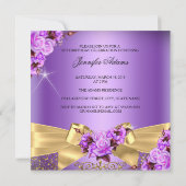 パープルファブラス50フォト金ゴールドバラボウ誕生日 招待状 (裏面)