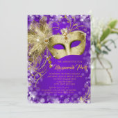 パープルファンシー金ゴールドグリッターマスカレードパーティー 招待状 (スタンド正面)