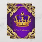 パープルファンシー金ゴールドプリンセスベビーシャワー 招待状 (正面/裏面)