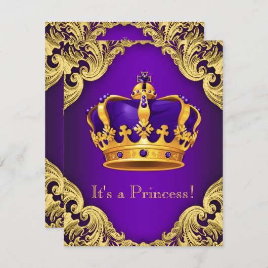 パープルファンシー金ゴールドプリンセスベビーシャワー 招待状 (正面/裏面)