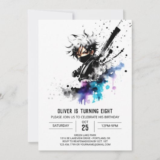 パープルファンタジー忍者ボーイデジタル誕生日 招待状 (正面)
