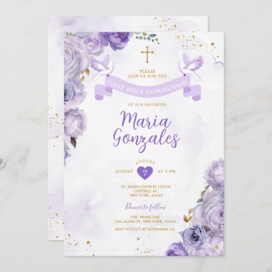 パープルファースト聖餐式クロスバタフライフローラ 招待状 (正面/裏面)