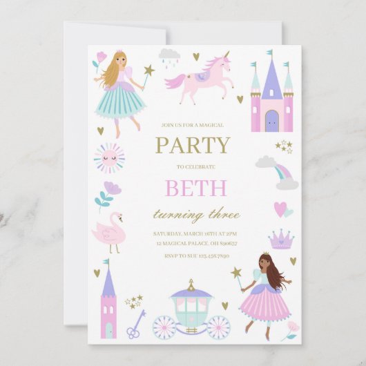 パープルフェアユタレプリンセスガール誕生日招待状 招待状 (正面)