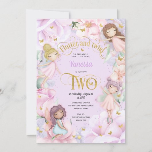パープルフェアリーをテーマにした女の子2nd誕生日招待状 招待状 (正面)