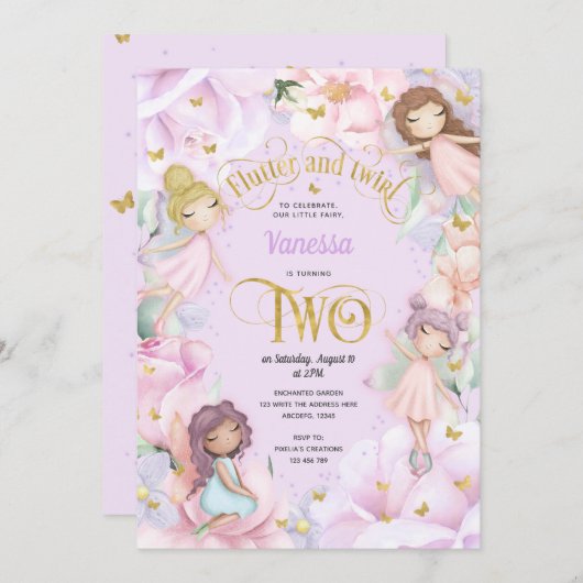 パープルフェアリーをテーマにした女の子2nd誕生日招待状 招待状 (正面/裏面)