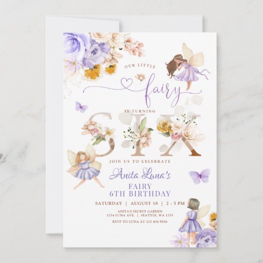 パープルフェアリーバタフライマジカルフローラ6th誕生日 招待状 (正面)